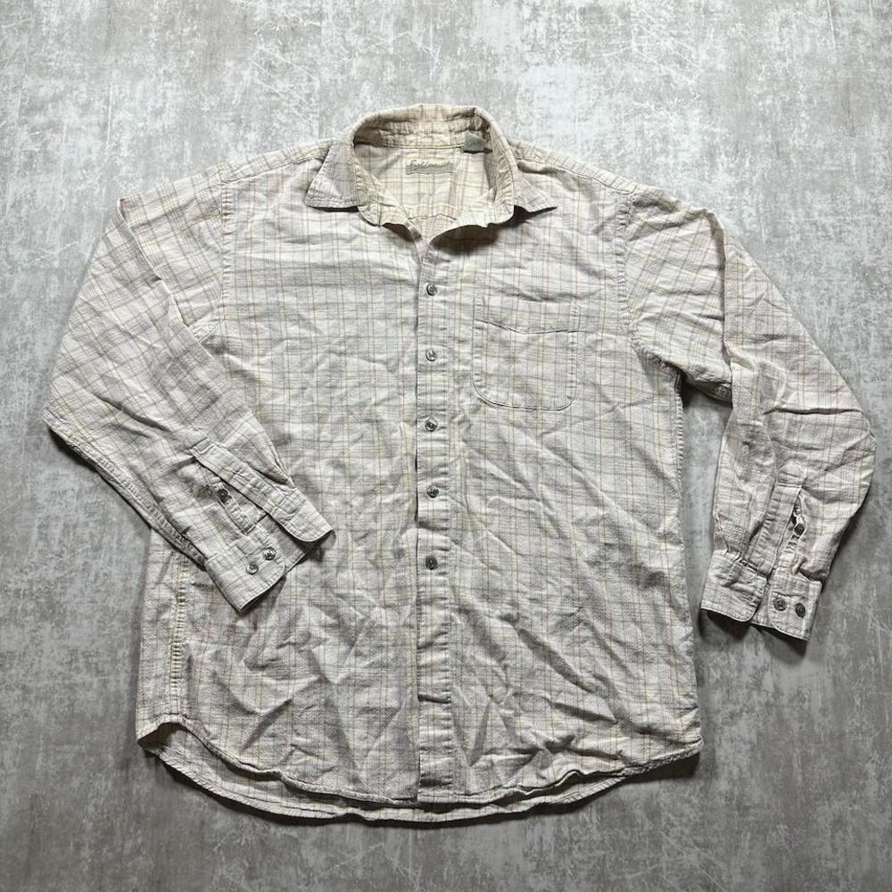 Fieldmaster Button Down Shirt Mens Large Beige Plaid Linen Cotton Long Sleeve